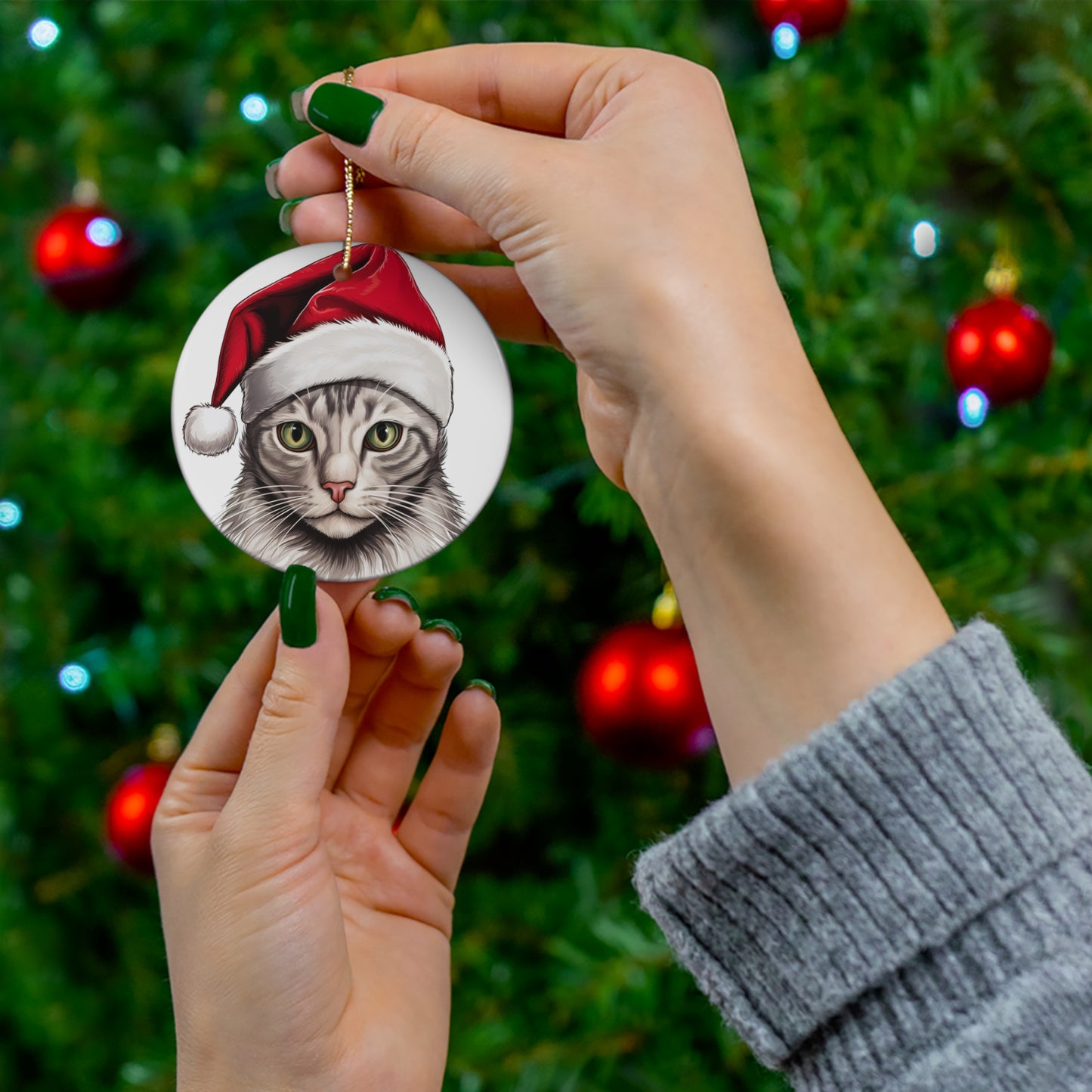 Arabian Mau Cat With Santa Hat Ceramic Ornament      Item #2865792