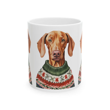 Dog Lover Mug — Vizsla in Festive Christmas Sweater Ceramic Coffee Cup 11oz   Item #91035