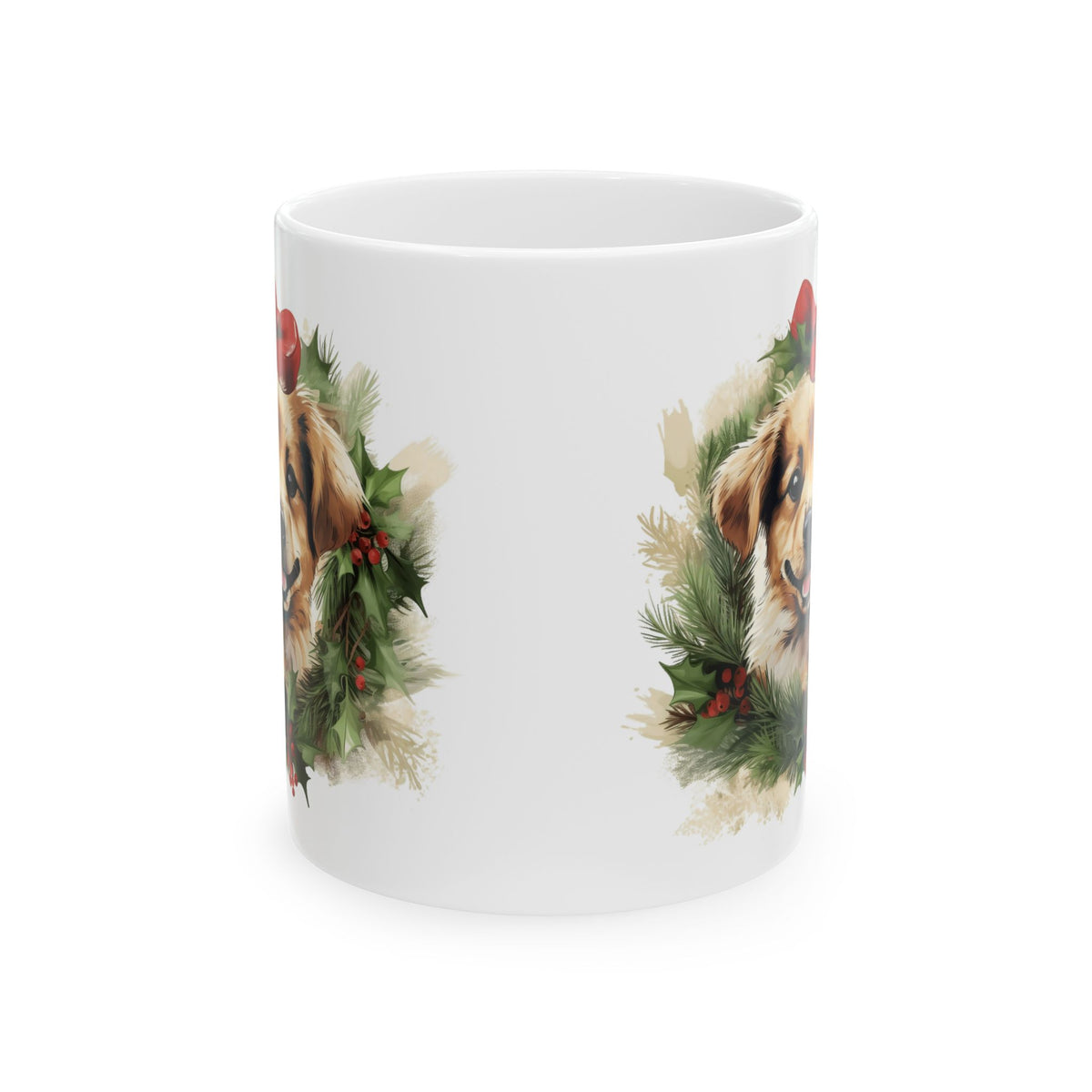Festive Christmas Dog and Pine Wreath Mug  11oz   Item #6334