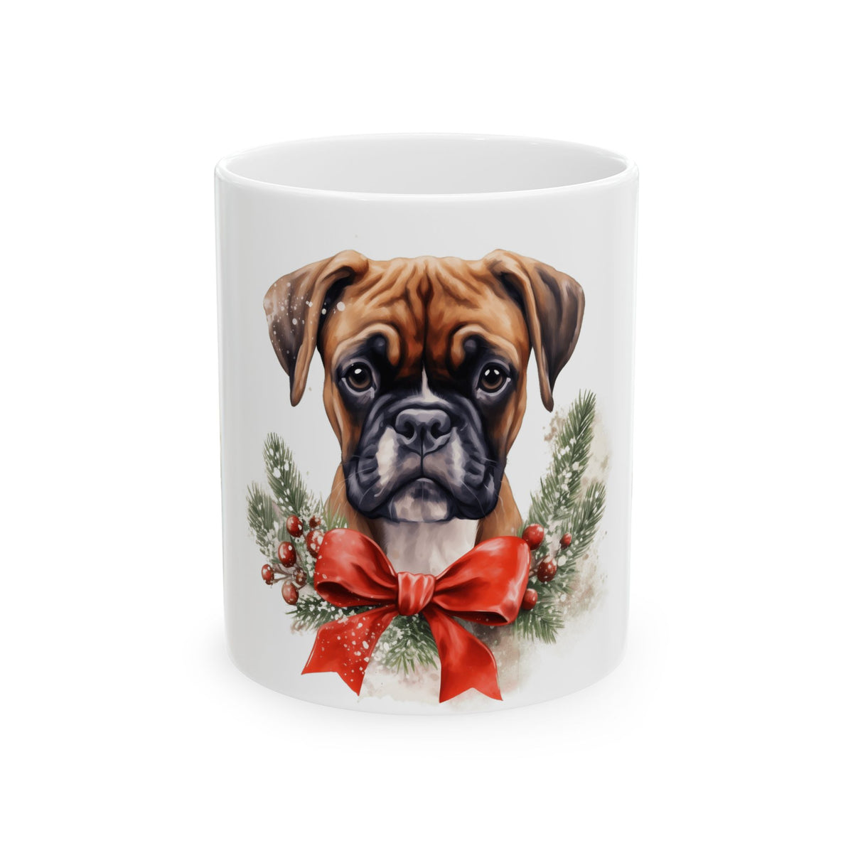 Boxer Dog Christmas Mug — Festive Boxer Portrait Ceramic Coffee Cup 11oz   Item #849429