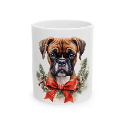 Boxer Dog Christmas Mug — Festive Boxer Portrait Ceramic Coffee Cup 11oz   Item #849429