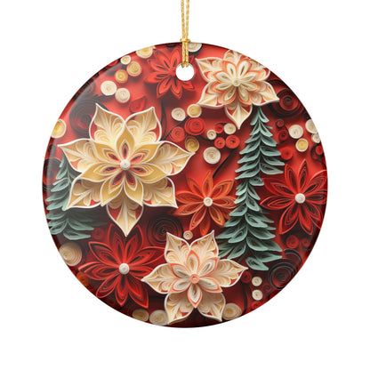 Floral Christmas Ornament – Red Poinsettia and Evergreen Ceramic Decoration   Item #969201