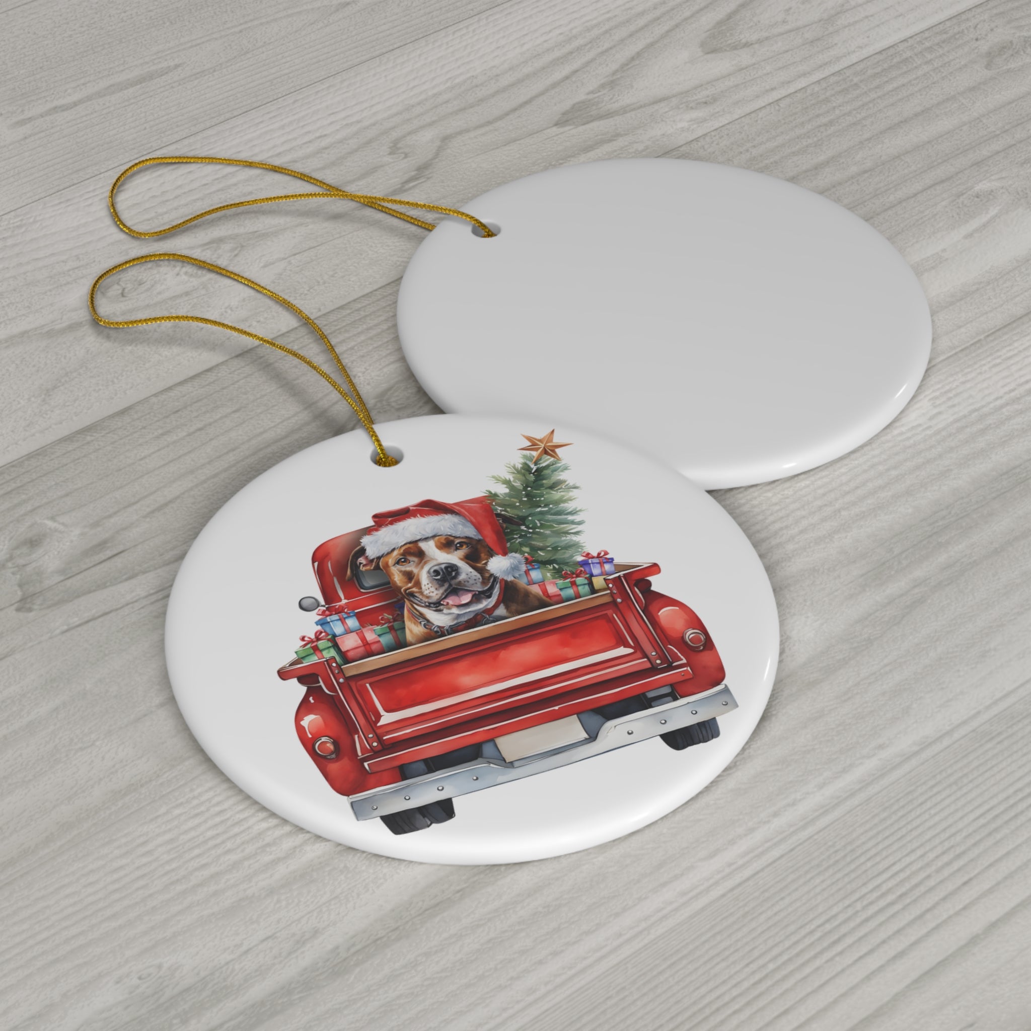 Staffordshire Bull Terrier Christmas Dog In Red Truck Ceramic Disc Ornament         Item #5045899