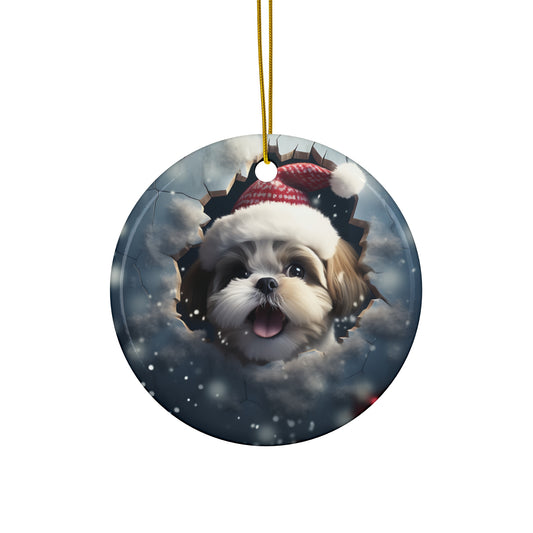 3D Dog With Santa Hat Breaking Out Ceramic Disc Ornament              Item #387006