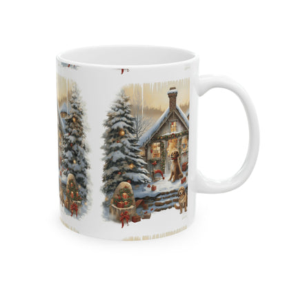 Winter Cabin Dogs Ceramic Mug — Cozy Snowy Cottage Holiday Coffee Cup 11oz   Item #418791
