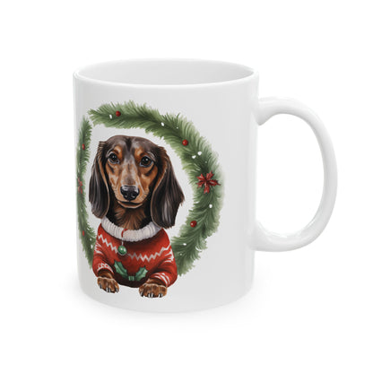 Dachshund Christmas Mug – Festive Wreath & Sweater Holiday Coffee Cup 11oz    Item #182928