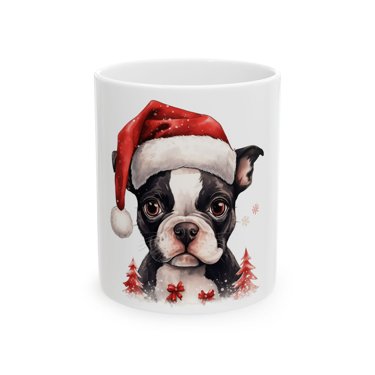 Christmas Boston Terrier Ceramic Mug — Cute Dog in Santa Hat, Holiday Coffee Cup 11oz   Item #822415