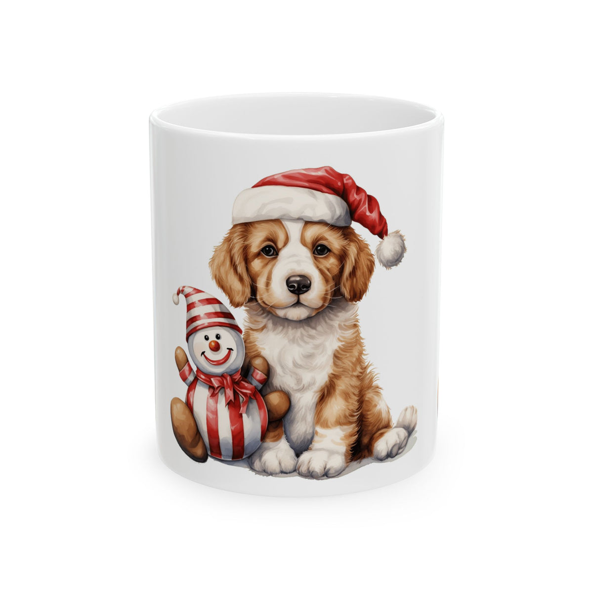 Christmas Puppy Mug – Cute Dog with Santa Hat & Snowman Ceramic Coffee Cup 11oz   Item #705356
