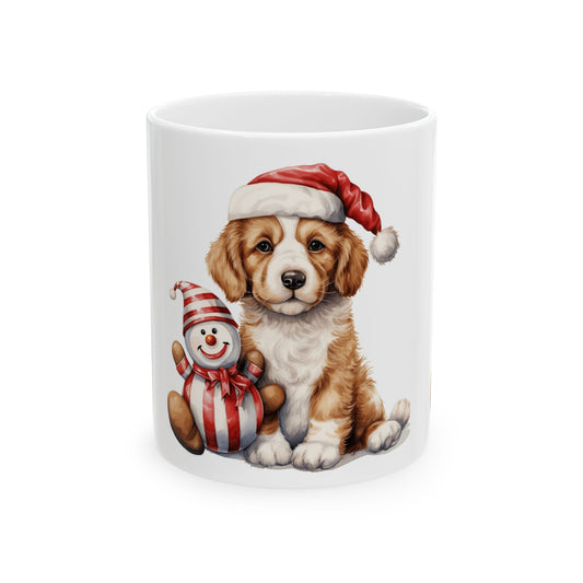 Christmas Puppy Mug – Cute Dog with Santa Hat & Snowman Ceramic Coffee Cup 11oz   Item #705356