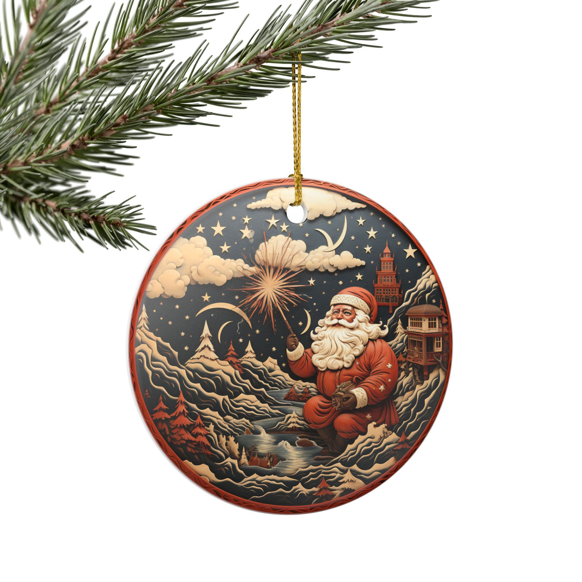 Ceramic Christmas Ornament with Santa in Winter Wonderland    Item #613384