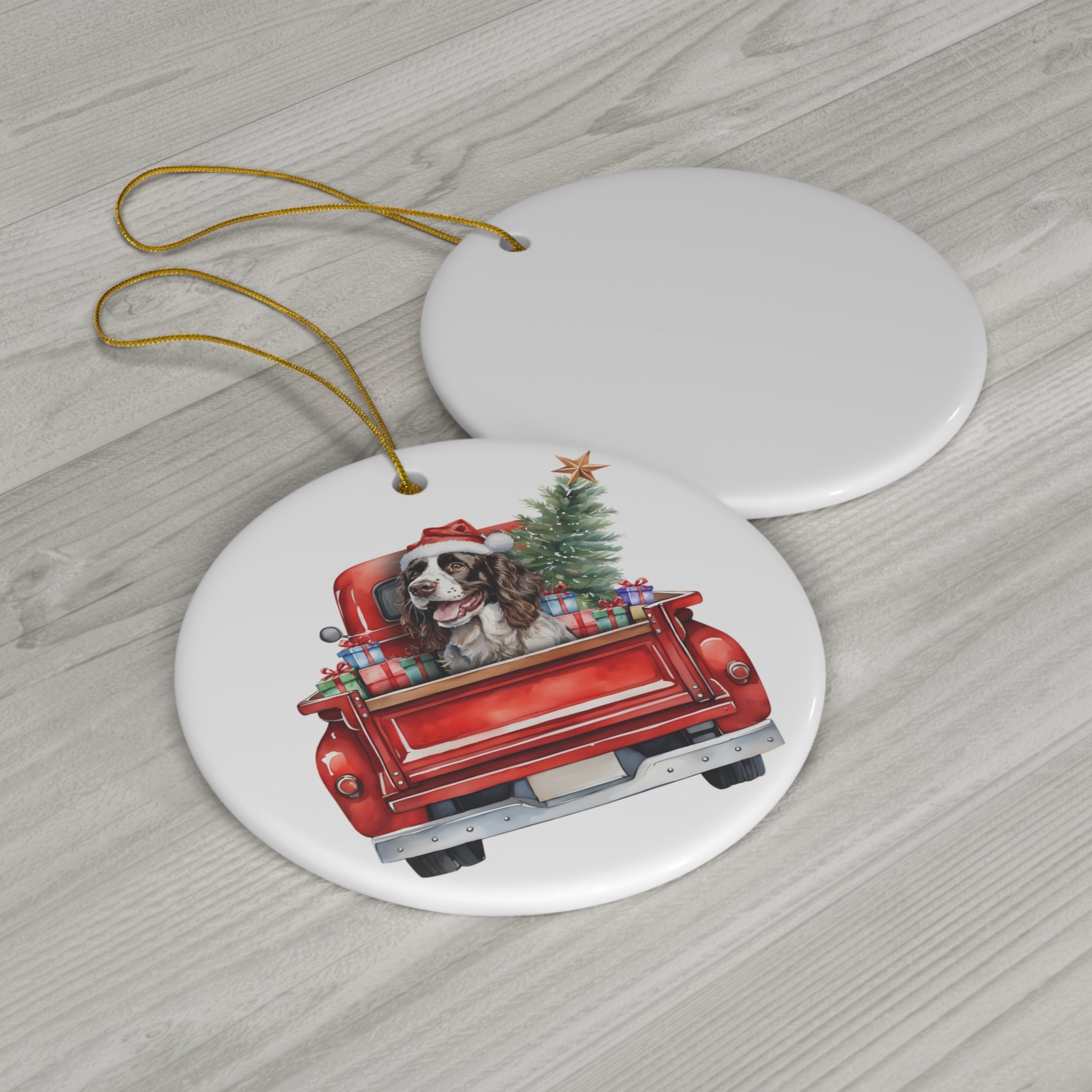 English Springer Spaniel Christmas Dog In Red Truck Ceramic Disc Ornament         Item #1164054