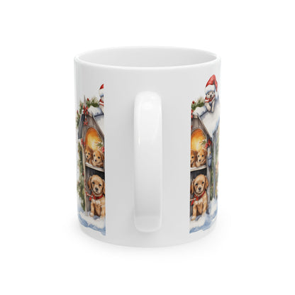 Christmas Puppy Mug — Festive Dogs in Snowy Mailbox Ceramic Coffee Cup 11oz   Item #913616