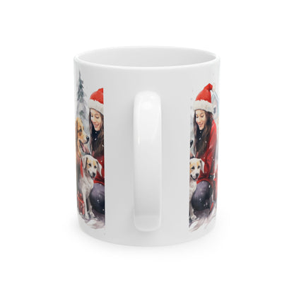 Christmas Dog Lover Mug — Woman with Dogs in Santa Hat Holiday Coffee Cup 11oz   Item #380901