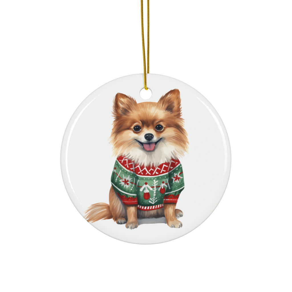 Dog With Christmas Sweater Ceramic Disc Ornament        Item #6404459