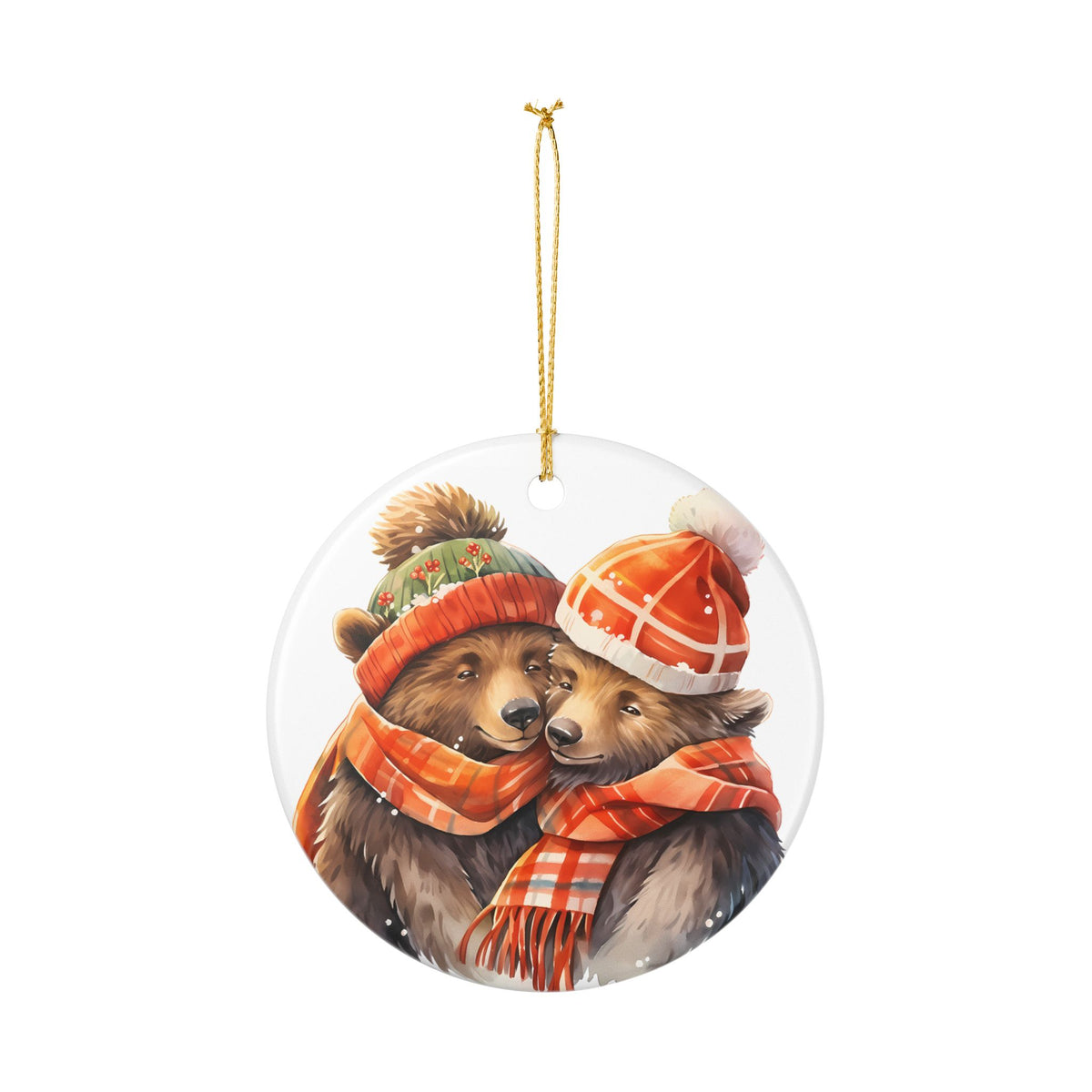 Ceramic Christmas Ornament with Cozy Bear Couple in Winter Hats and Scarves   Item #981933