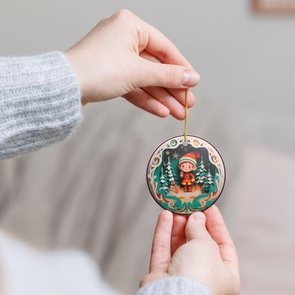 Ceramic Ornament – Whimsical Christmas Elf in Winter Wonderland   Item #117601