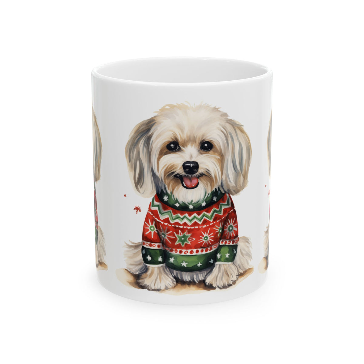 Cute Dog Christmas Mug — Holiday Puppy in Festive Sweater Ceramic Coffee Cup 11oz    Item #963608