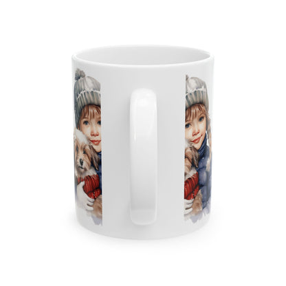 Winter Child & Puppy Ceramic Mug — Cute Holiday Hot Cocoa Cup 11oz  Item #692933