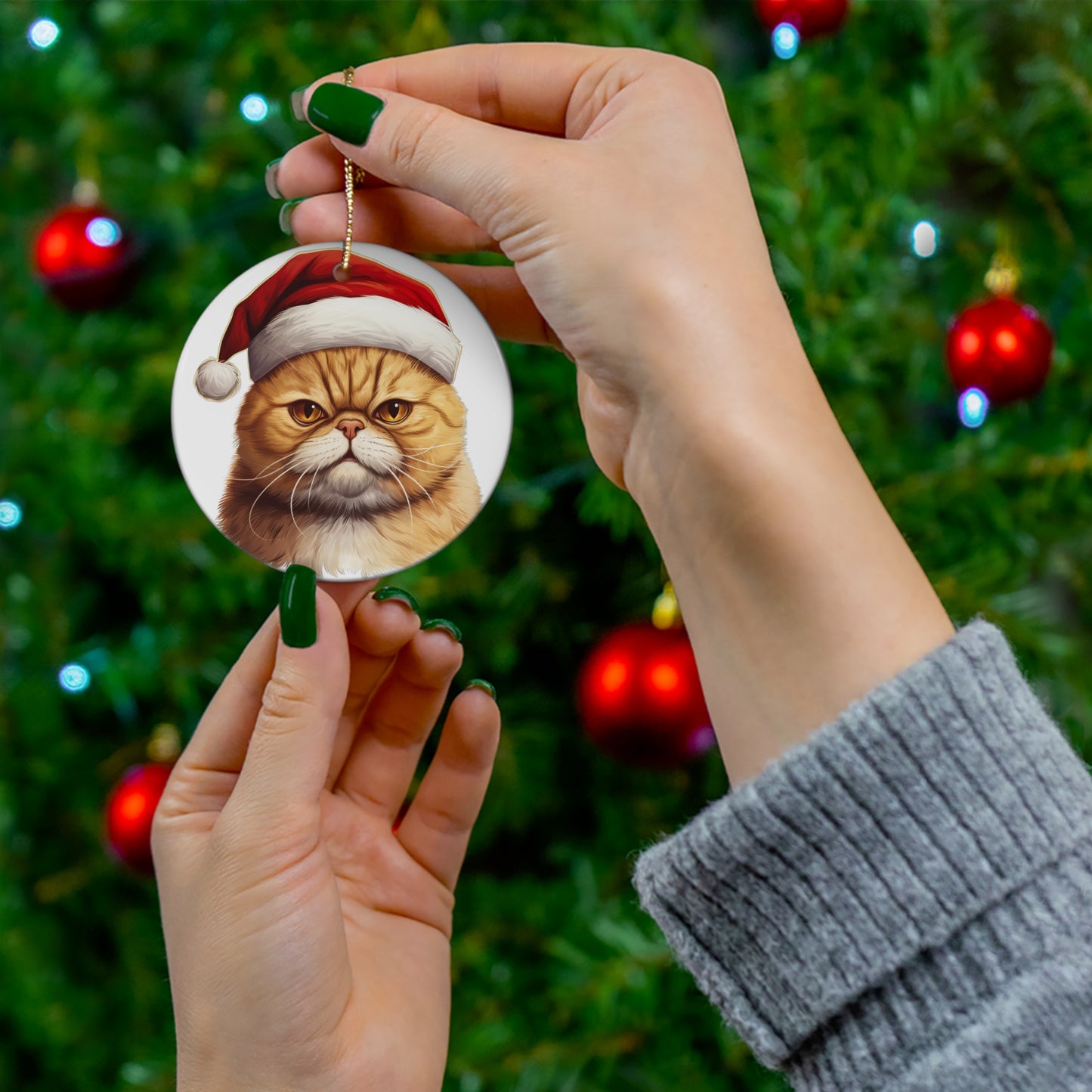 Exotic Shorthair Cat With Santa Hat Ceramic Ornament      Item #569786