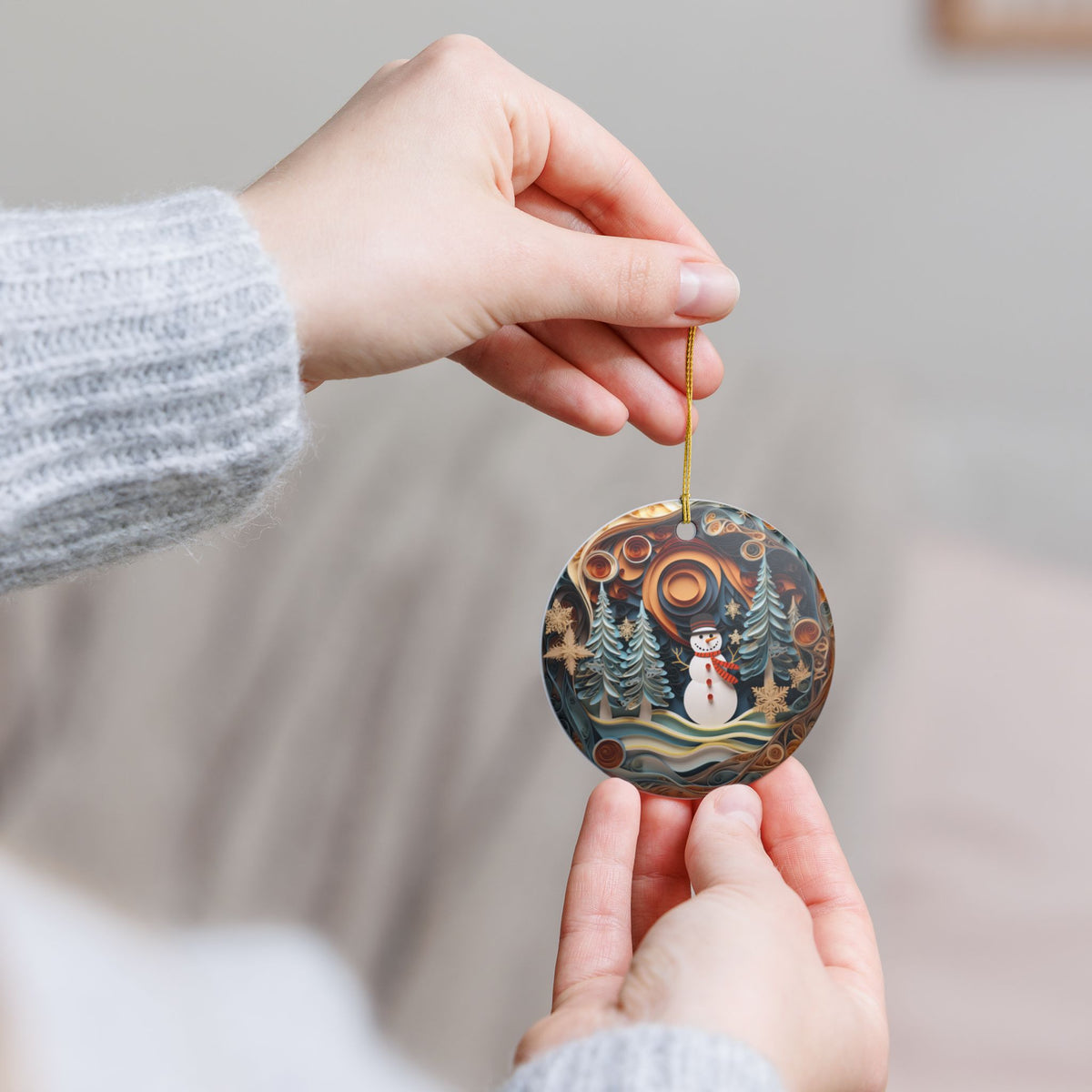 Ceramic Christmas Ornament with Snowman and Winter Forest Design   Item #441402