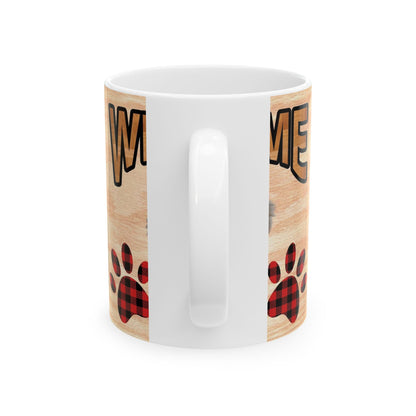 Welcome Dog Illustration Ceramic Mug – Cute Paw Print Coffee Cup 11oz    Item #460096