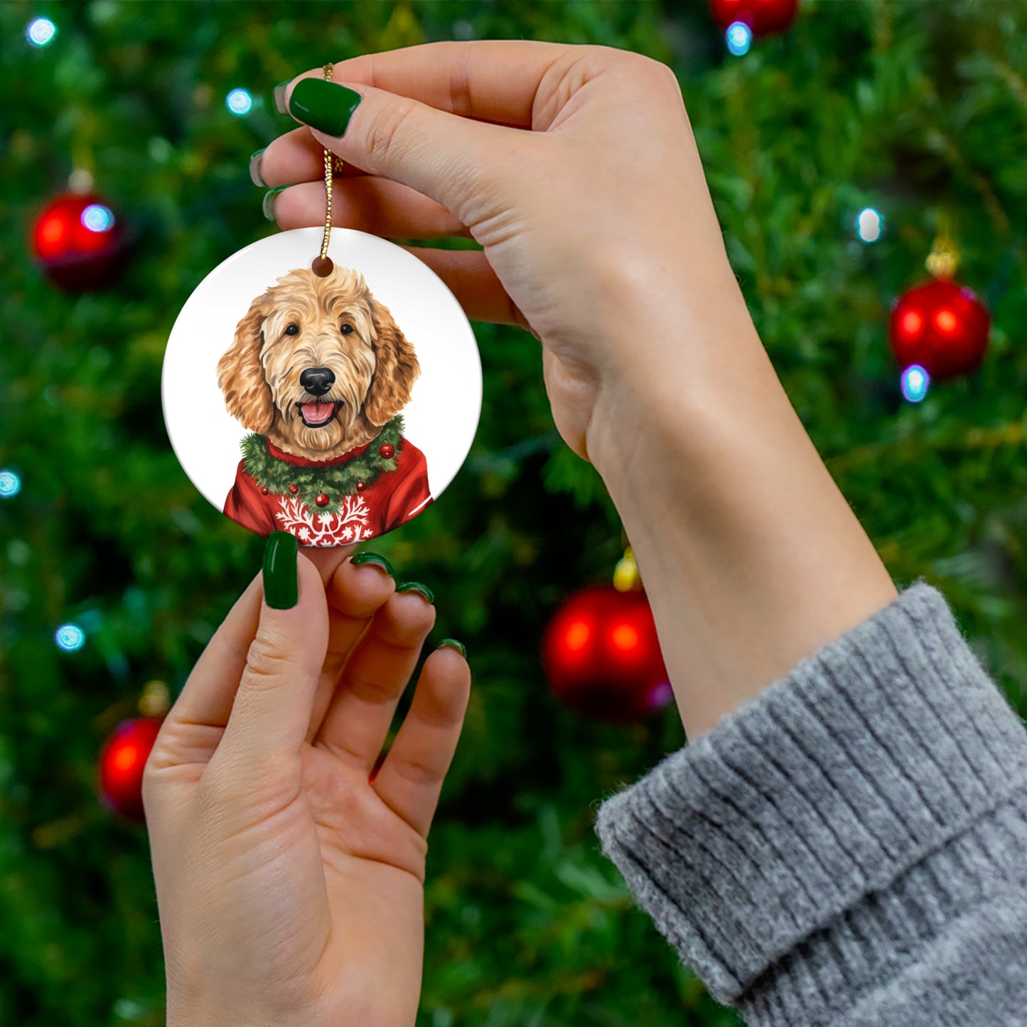 Dog With Christmas Sweater Ceramic Disc Ornament            Item #6668099