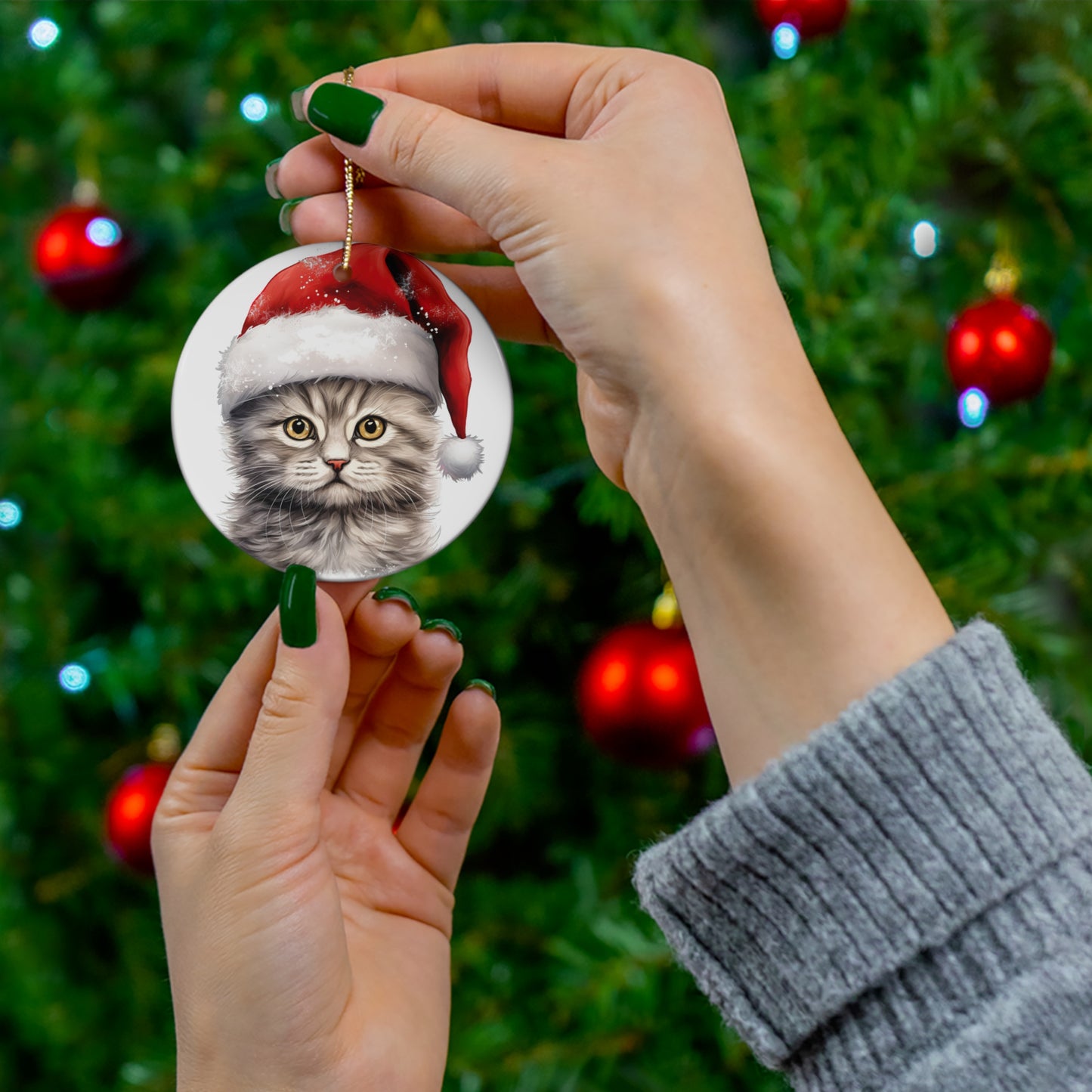 Ceramic Ornament - Selkirk Rex Kitten With Santa Hat      Item #4640943