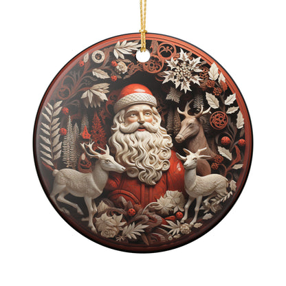 Vintage Santa and Reindeer Christmas Ceramic Ornament   Item #864295