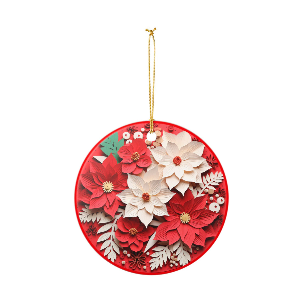 Ceramic Christmas Ornament – Red and White Poinsettia Floral Holiday Decoration   Item #243259