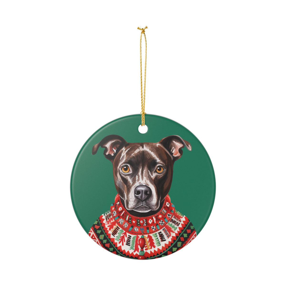 Festive Pit Bull Christmas Sweater Ceramic Ornament   Item #739608