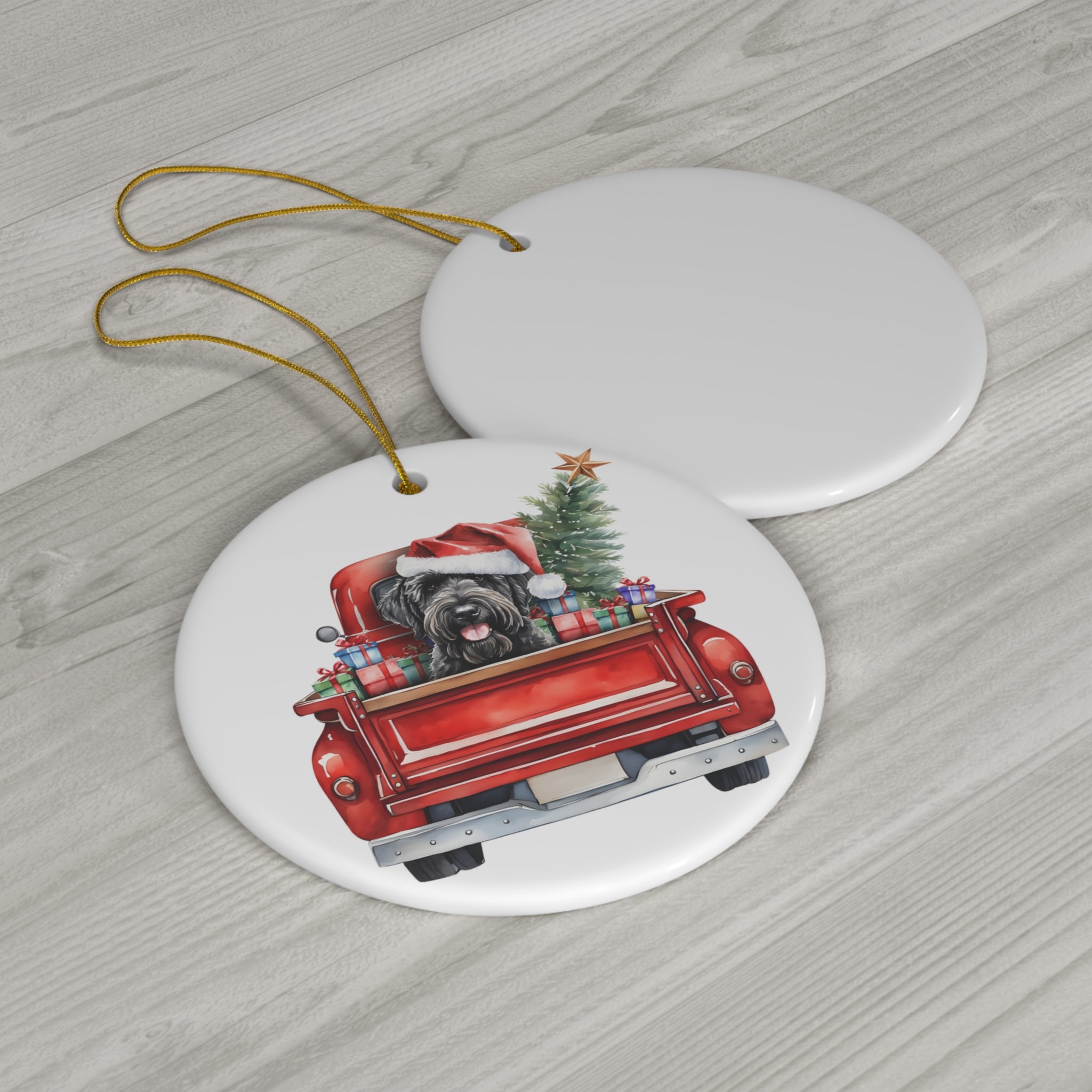 Black Russian Terrier Christmas Dog In Red Truck Ceramic Disc Ornament          Item #3714342