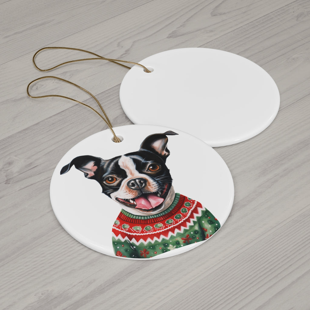 Dog With Christmas Sweater Ceramic Disc Ornament        Item #701713