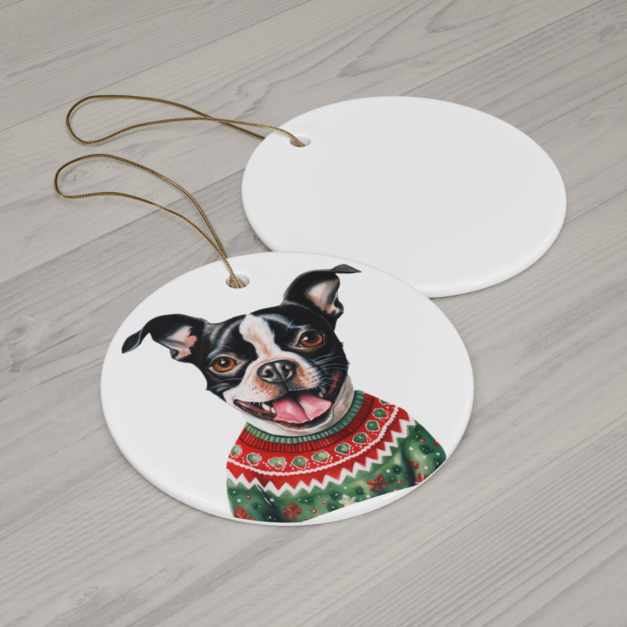 Dog With Christmas Sweater Ceramic Disc Ornament        Item #701713