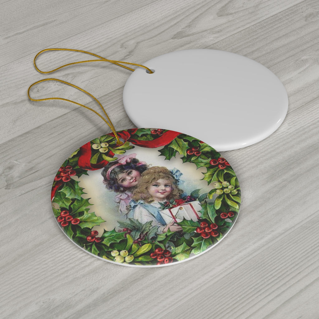 Wreath Girls Ceramic Disc Ornament         Item #94163 - Buckshot's Bargain Barn