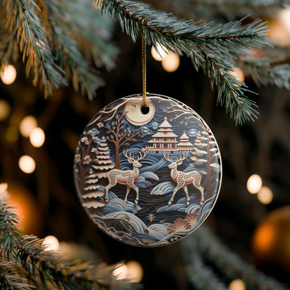 Japanese Pagoda and Deer Ceramic Ornament    Item #615396