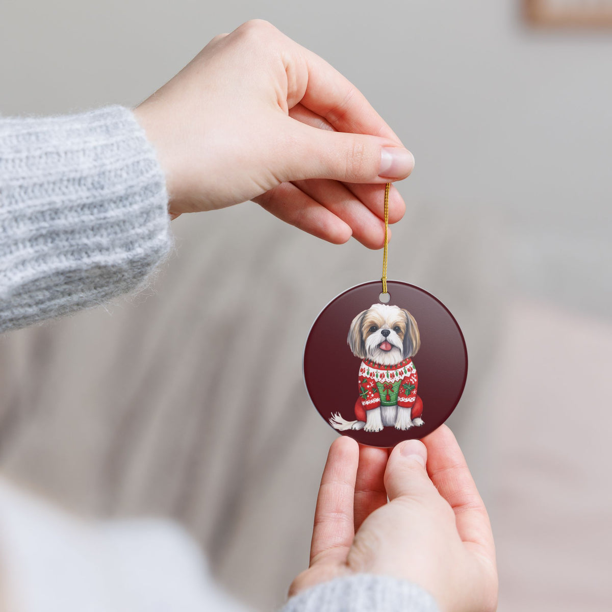 Christmas Shih Tzu Dog in Festive Sweater Ceramic Ornament   Item #783447