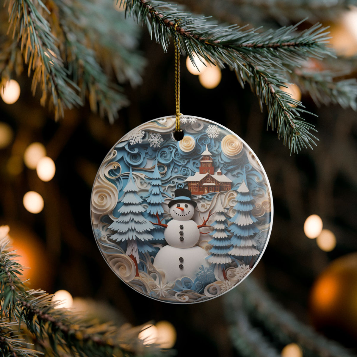 Ceramic Christmas Ornament with Snowman Winter Wonderland Design   Item #847496