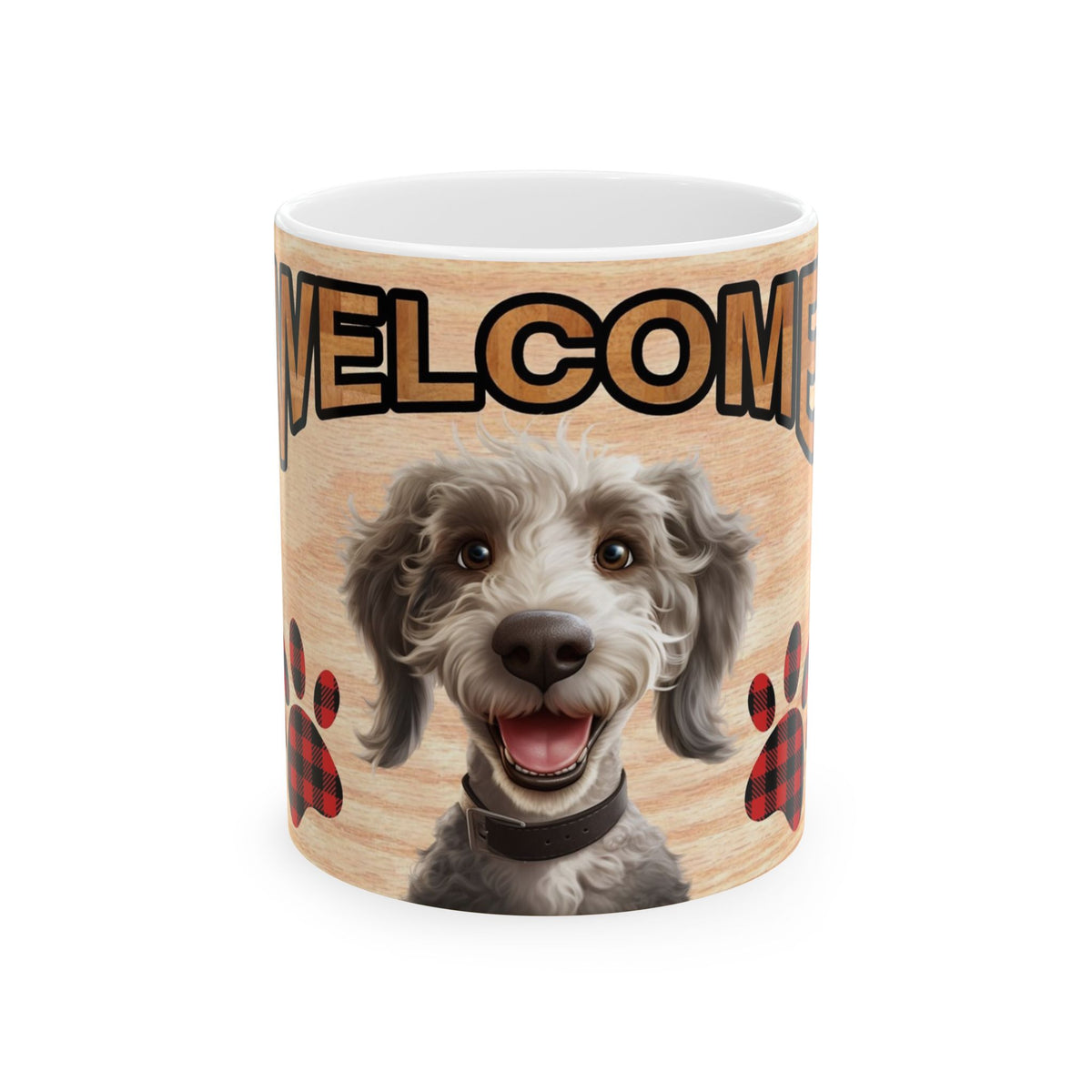 Welcome Dog Illustration Ceramic Mug – Cute Paw Print Coffee Cup 11oz    Item #801261