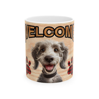Welcome Dog Illustration Ceramic Mug – Cute Paw Print Coffee Cup 11oz    Item #801261