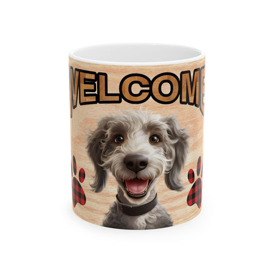 Welcome Dog Illustration Ceramic Mug – Cute Paw Print Coffee Cup 11oz    Item #801261