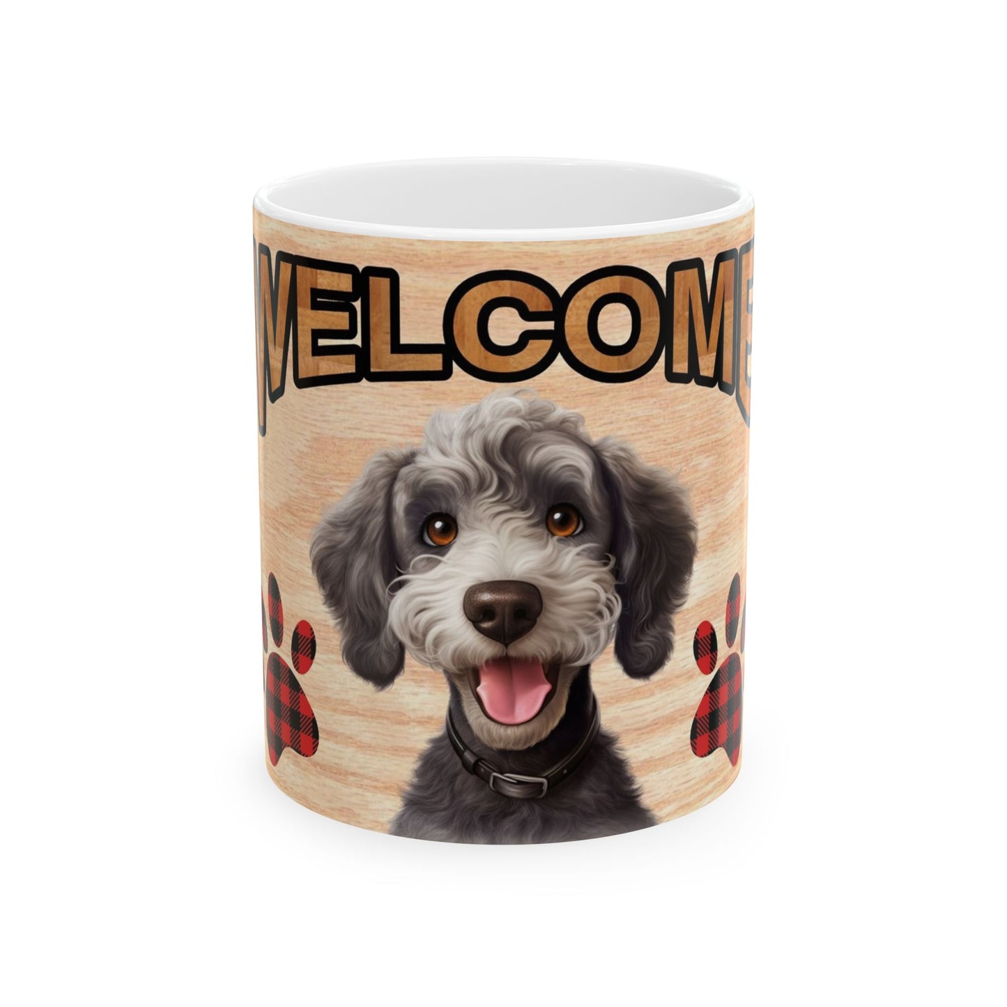 Welcome Dog Illustration Ceramic Mug – Cute Paw Print Coffee Cup 11oz    Item #539631