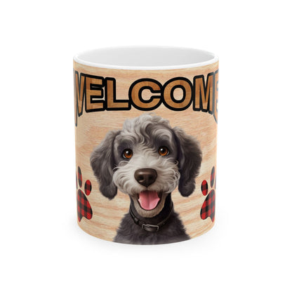 Welcome Dog Illustration Ceramic Mug – Cute Paw Print Coffee Cup 11oz    Item #539631