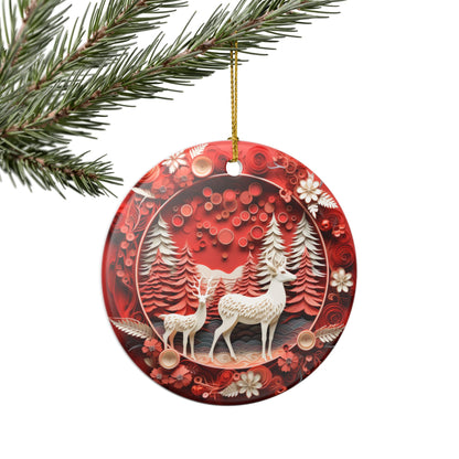 Ceramic Christmas Ornament, Red Winter Forest Deer Design    Item #101123