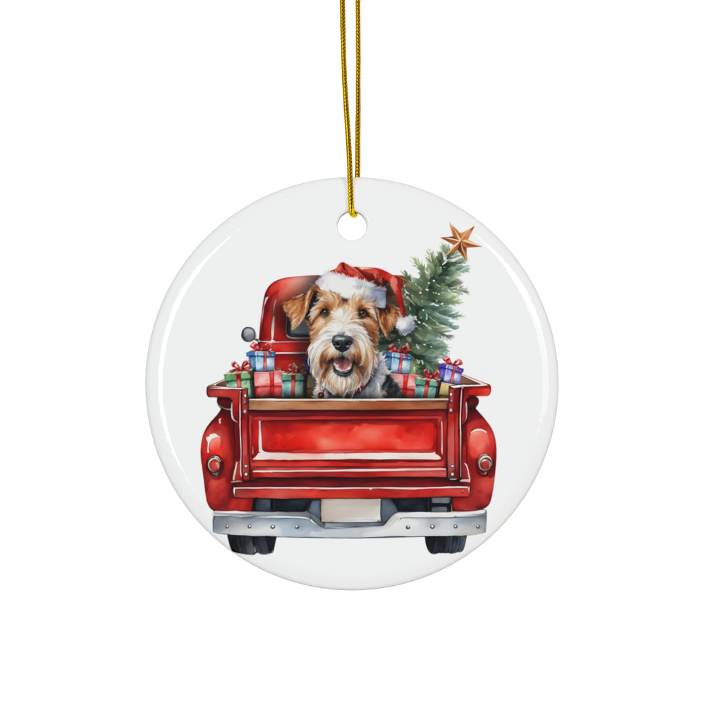 Wire Fox Terrier Christmas Dog In Red Truck Ceramic Disc Ornament          Item #60439