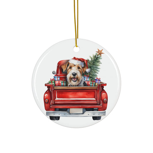 Wire Fox Terrier Christmas Dog In Red Truck Ceramic Disc Ornament          Item #60439