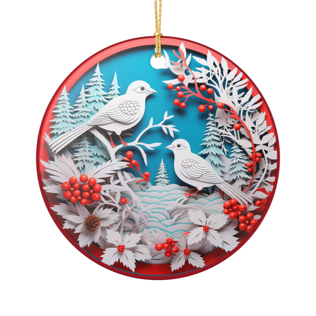 Ceramic Christmas Ornament with Winter Birds and Red Berries   Item #909837