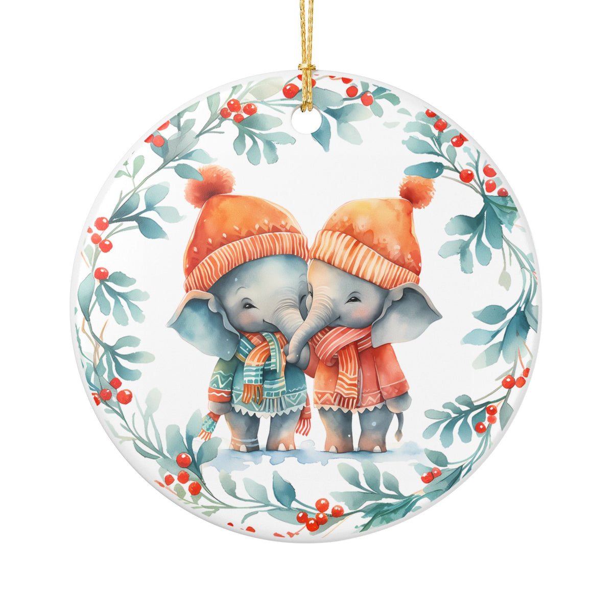 Ceramic Christmas Ornament with Cozy Elephant Couple    Item #101641