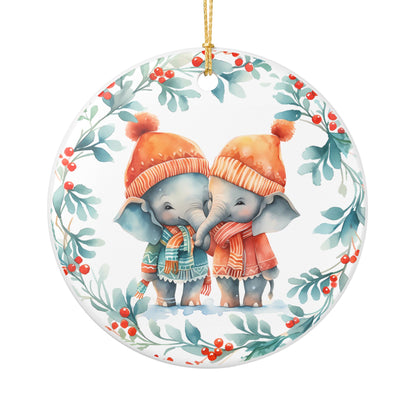 Ceramic Christmas Ornament with Cozy Elephant Couple    Item #101641