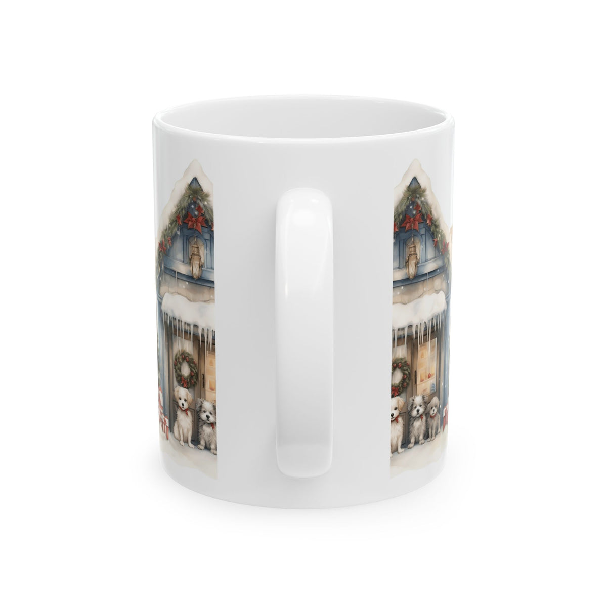 Christmas Puppy Cottage Mug — Winter Holiday Ceramic Coffee Cup 11oz  Item #13398