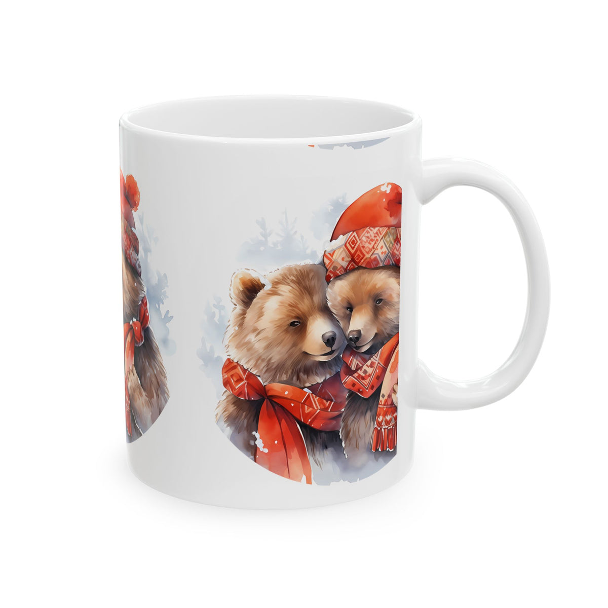 Cozy Winter Bear Couple Ceramic Mug — Cute Bears in Red Hats & Scarves 11oz   Item #98824